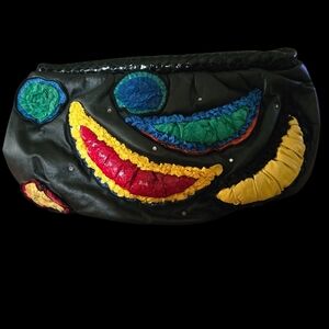 Vintage Rita Diane For Mylinka Leather Clutch Handbag with Colorful Appliqué